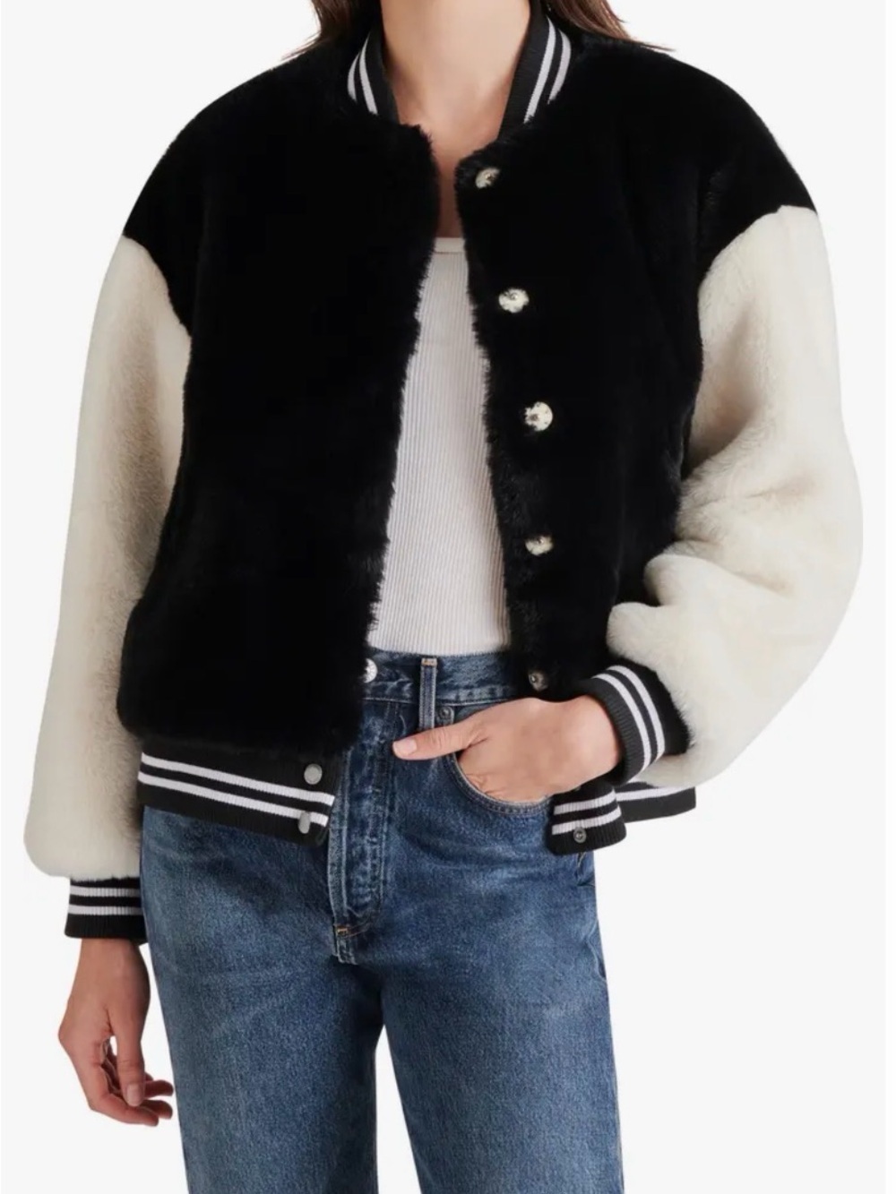 Steve Madden Black & Cream Faux Fur Varsity Jacket